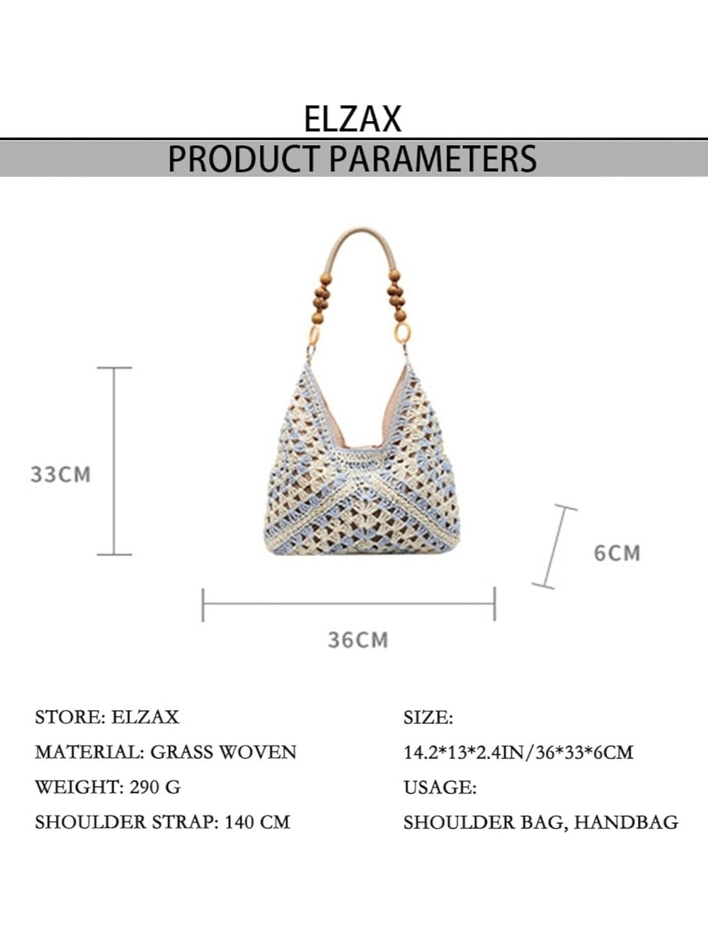Woven Crochet Hobo Bag with Wooden Bead Handle - Black & Natural - Picture 4 of 6